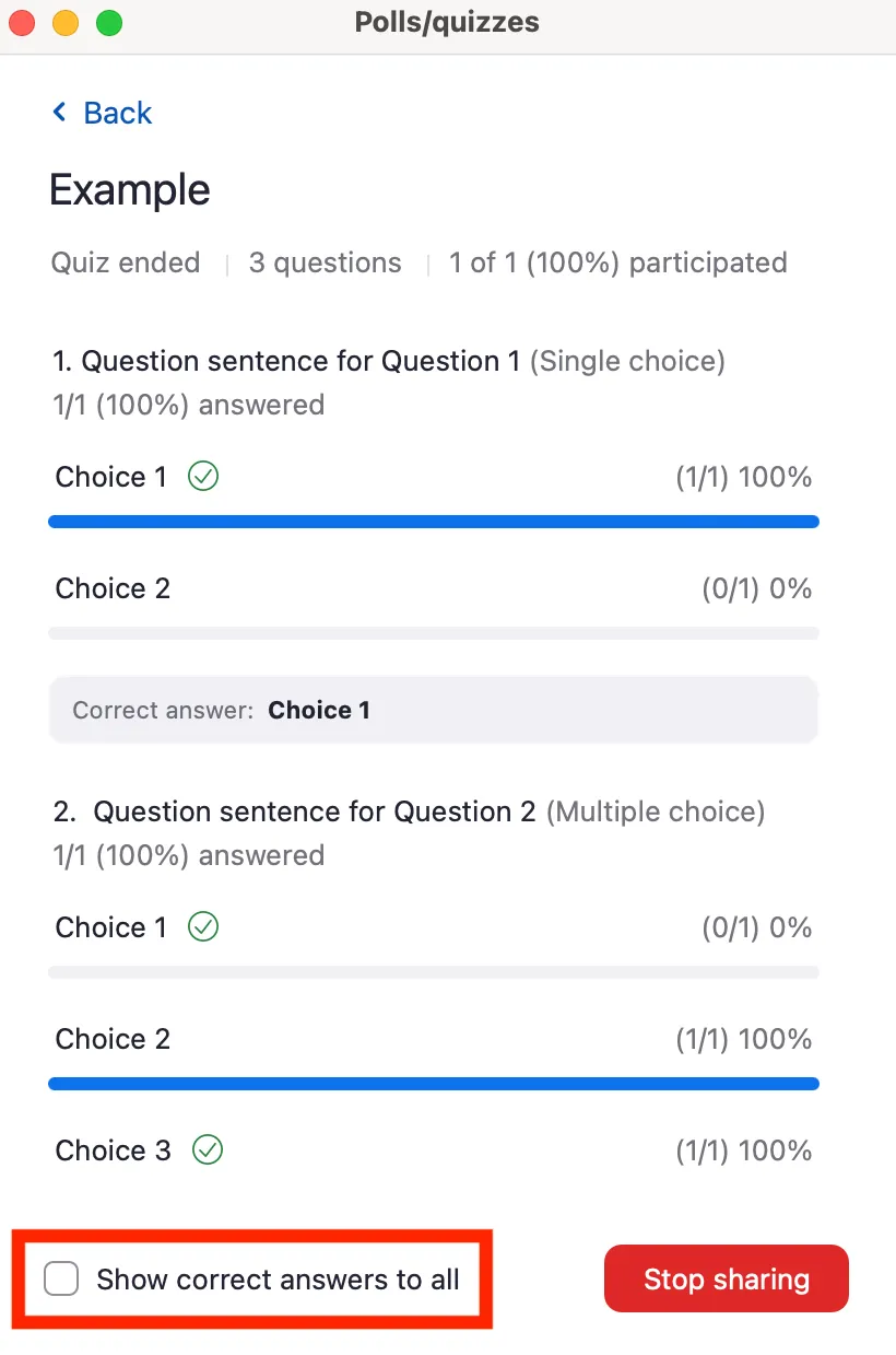 the Quiz results sharing screen